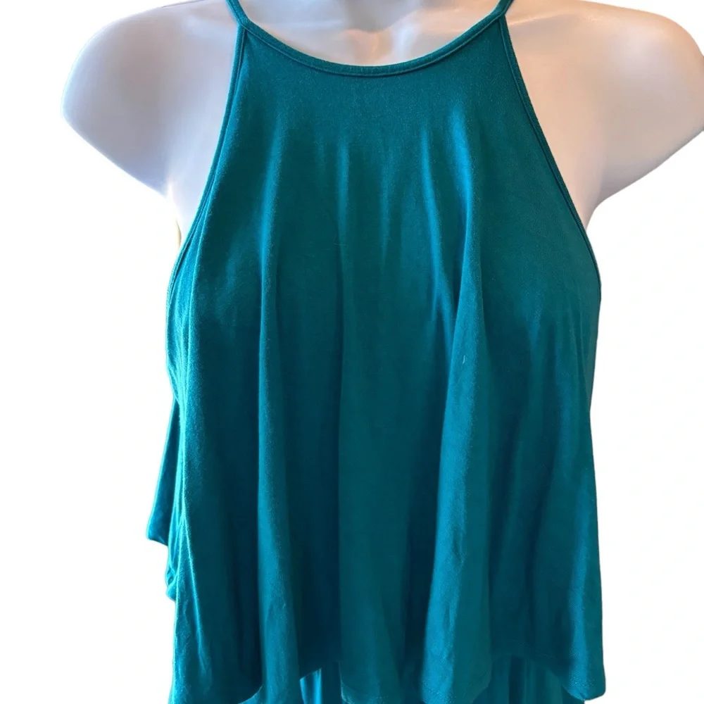 American Eagle Aqua Dress Spaghetti Straps Ruffle Top Open Back Halter Size XS